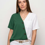 Tweekleurige Blouse met Knopen en Korte Mouwen