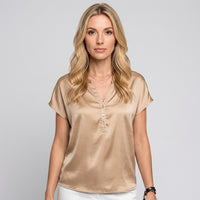 Zijde Look Top met V Hals en Korte Mouwen