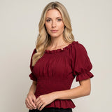 Off Shoulder Top met Smock Taille en Pofmouwen