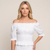 Off Shoulder Top met Smock Taille en Pofmouwen