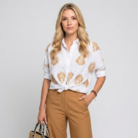 Blouse met Gouden Bladprint en Losvallende Pasvorm