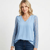 Elegante Blouse met Kantmouwen en V Hals