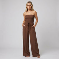 Strapless Jumpsuit met Smock Top en Wijde Pijpen