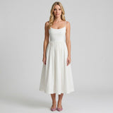 Elegante Midi Jurk met Bandjes en Uitlopende Rok