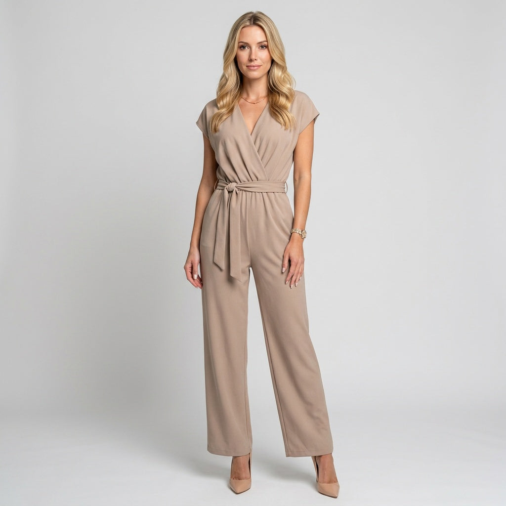 Elegante Wikkel Jumpsuit met Korte Mouwen en Ceintuur