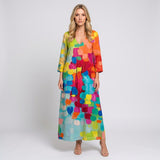 Kleurrijke Maxi Jurk met Abstracte Print en V Hals