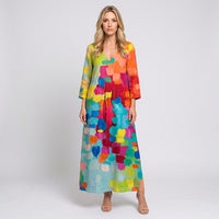 Kleurrijke Maxi Jurk met Abstracte Print en V Hals