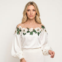 Elegante Off Shoulder Blouse met Bloemenborduursel