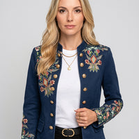 Elegante Blazer met Bloemenborduursel en Gouden Knopen