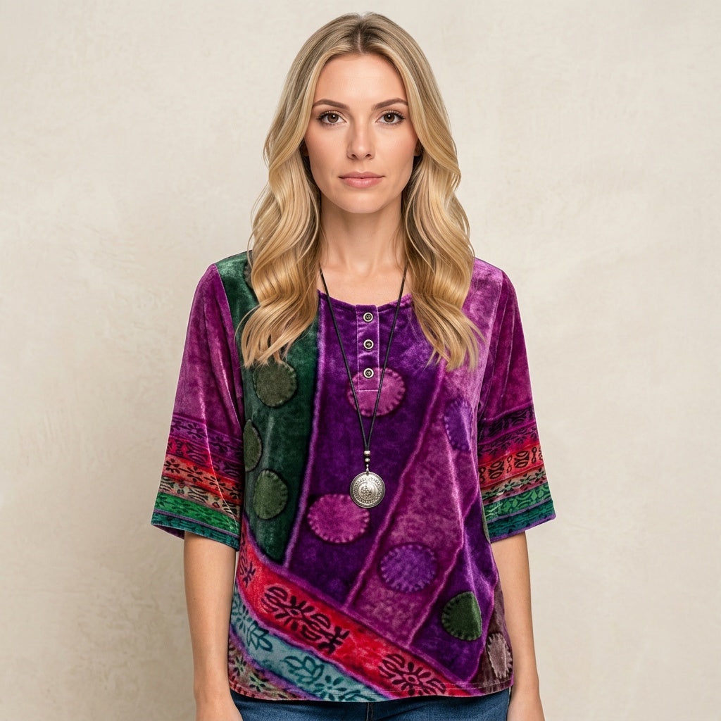 Artistieke Blouse met Patchwork Print en Losse Pasvorm