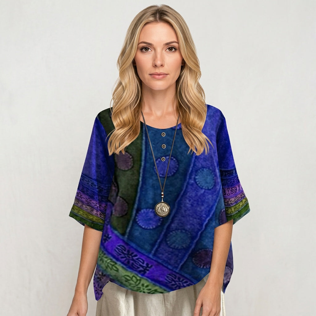 Artistieke Blouse met Patchwork Print en Losse Pasvorm