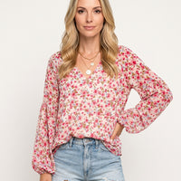 Romantische Bloemen Blouse met V Hals en Luchtige Pasvorm