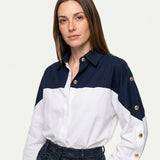 Kleurblok Blouse met Klassieke Kraag en Moderne Stijl
