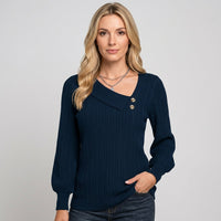Casual Rib Top met Knopen en V-hals