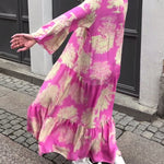 Maxi-jurk met print, volantmouwen & staande kraag – Stijlvol & Luchtig