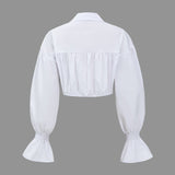 Sunniva | Cropped Blouse met Denim Korsetten en Volumineuze Mouwen