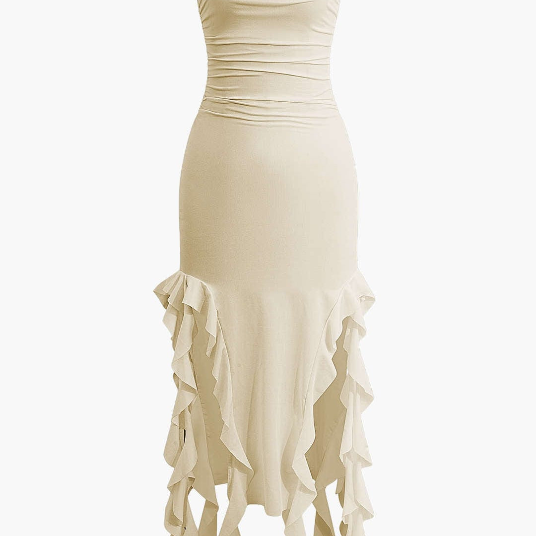 Sofia | Elegante Bandeau-Maxikleed met Volant-Details – Tijdloze Raffinement