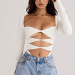 Margot | Chic Witte Uitsnijding Lange Mouw Crop Top voor Trendy Vrouwen