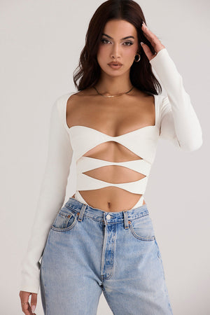 Margot | Chic Witte Uitsnijding Lange Mouw Crop Top voor Trendy Vrouwen