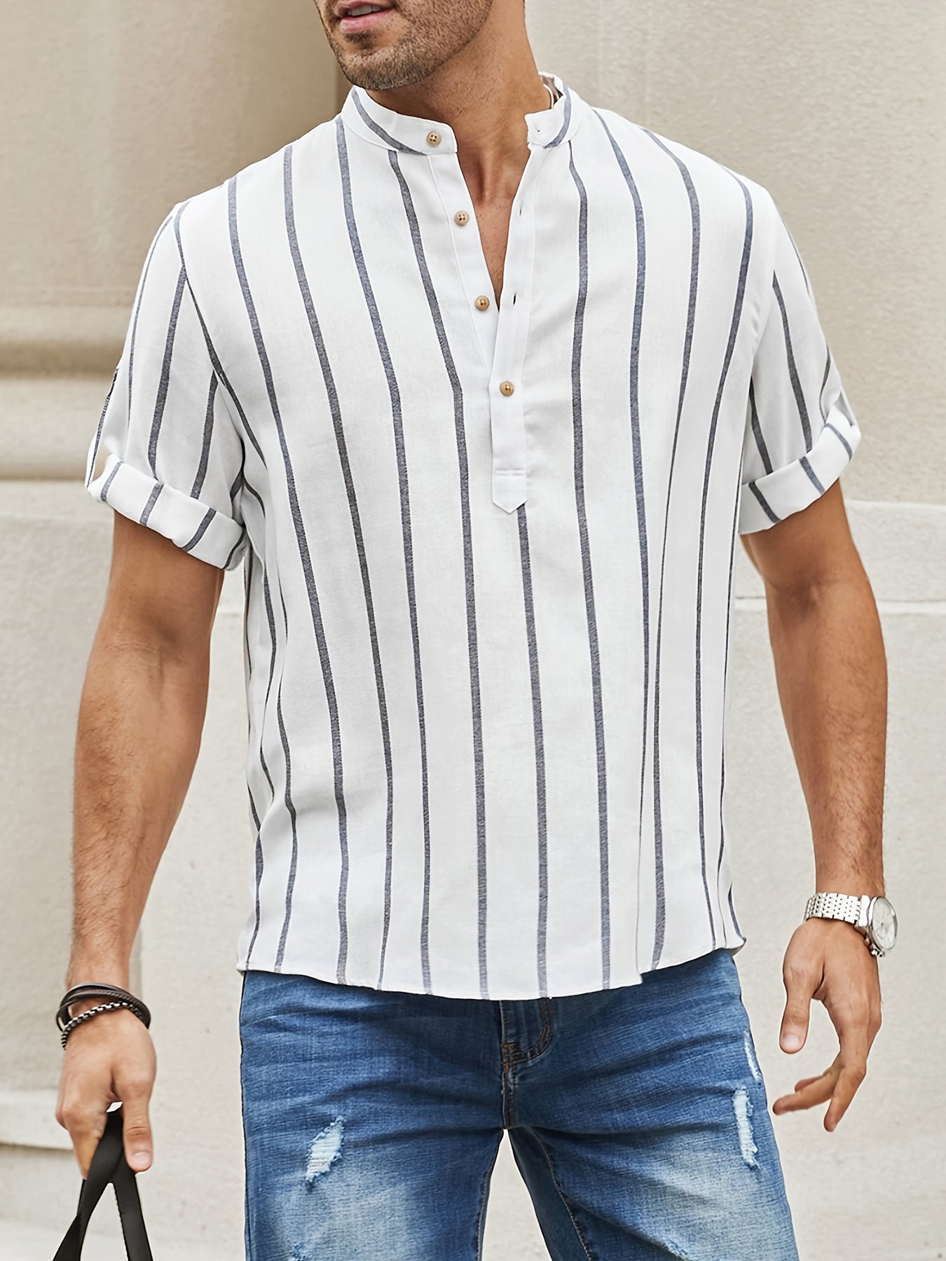 Samuel | Korte mouwen Henley zomerhemd met streepmotief