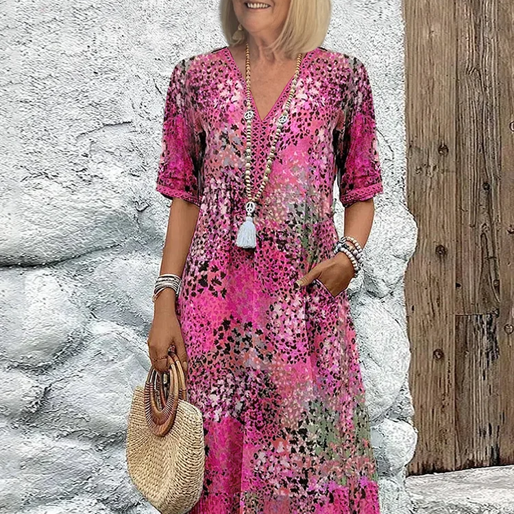 Zomerkleed met V-hals & Allover-patroon – Kniehoog & comfortabel