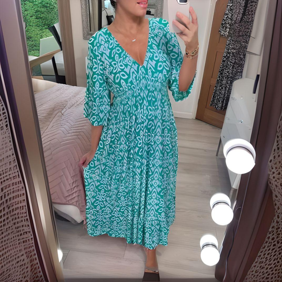 Los Boho-jurk met V-hals en grafisch patroon – Enkel lengte