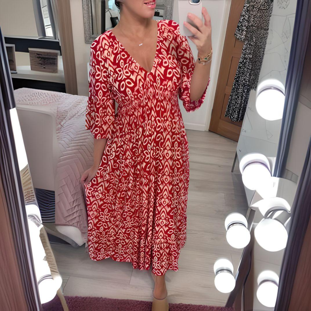 Los Boho-jurk met V-hals en grafisch patroon – Enkel lengte