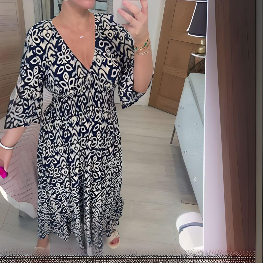 Los Boho-jurk met V-hals en grafisch patroon – Enkel lengte