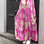 Maxi-jurk met print, volantmouwen & staande kraag – Stijlvol & Luchtig