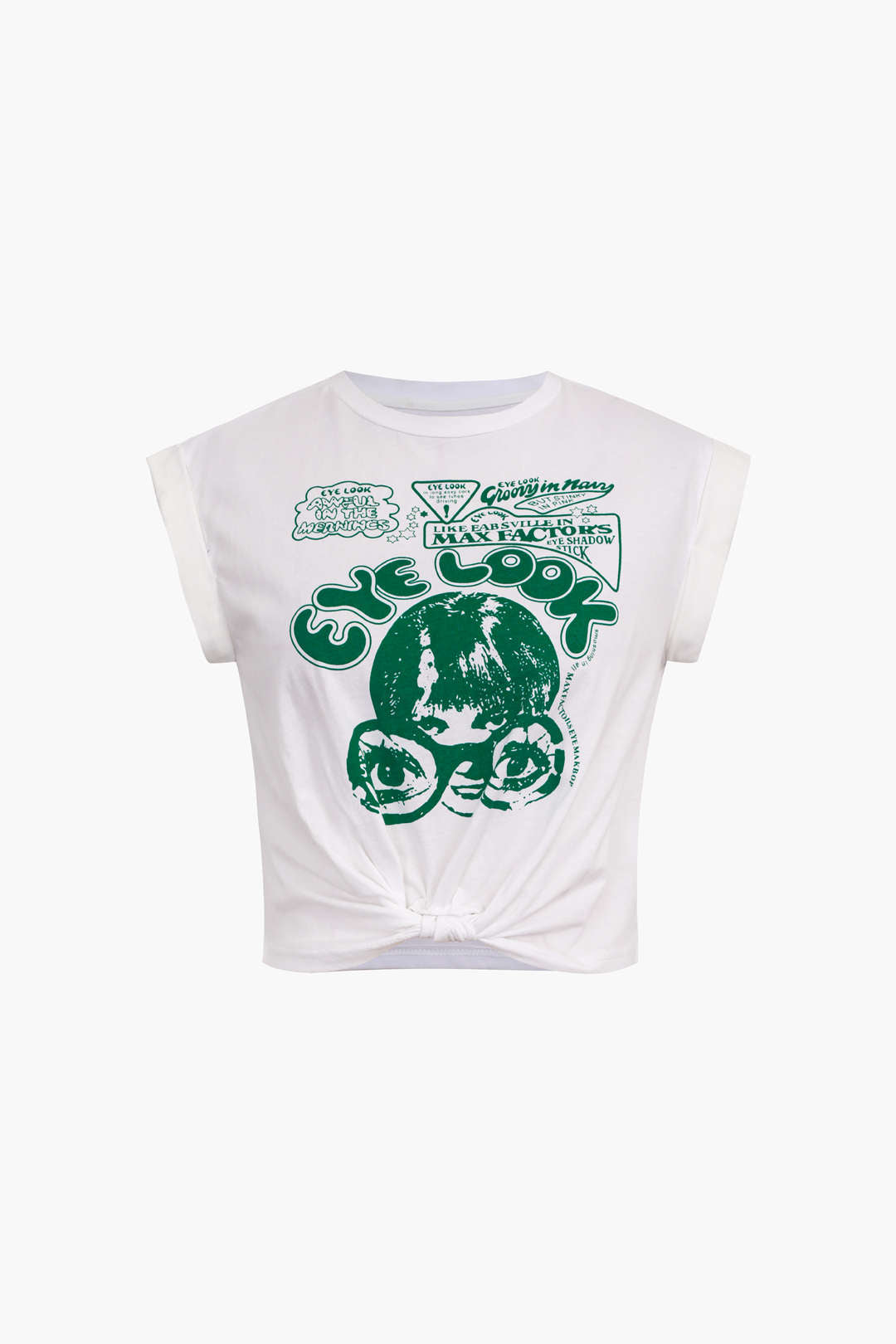 Gracelyn | Opgerolde Mouwen EYE LOOK Grafische Print Crop-T-Shirt met Knoopdetail