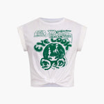 Gracelyn | Opgerolde Mouwen EYE LOOK Grafische Print Crop-T-Shirt met Knoopdetail
