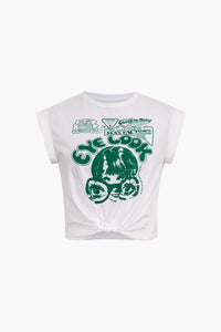 Gracelyn | Opgerolde Mouwen EYE LOOK Grafische Print Crop-T-Shirt met Knoopdetail