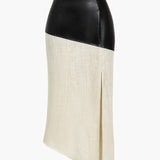Danica | Elegante Midirok met asymmetrisch Kunstleer en Linnen-Design