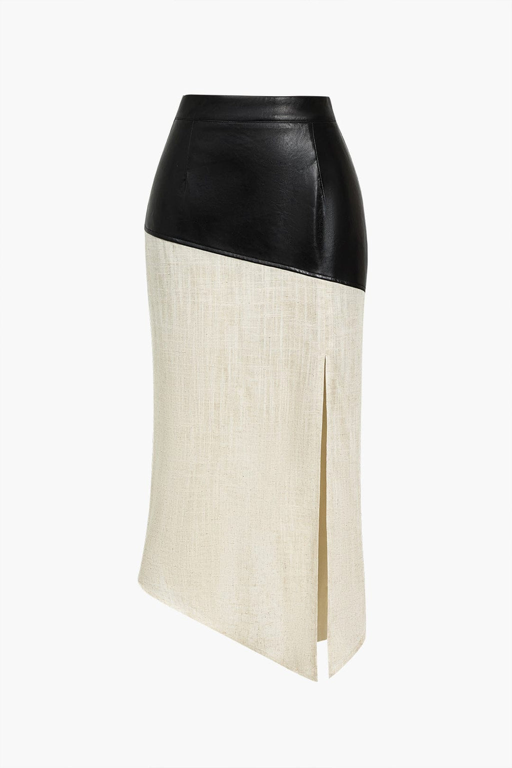 Danica | Elegante Midirok met asymmetrisch Kunstleer en Linnen-Design
