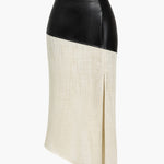 Danica | Elegante Midirok met asymmetrisch Kunstleer en Linnen-Design