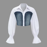 Sunniva | Cropped Blouse met Denim Korsetten en Volumineuze Mouwen