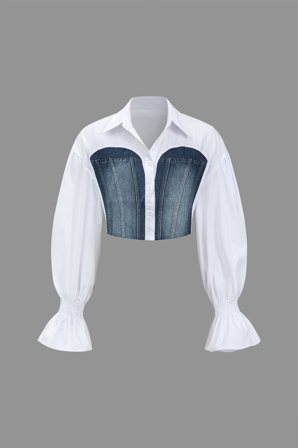Sunniva | Cropped Blouse met Denim Korsetten en Volumineuze Mouwen