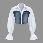 Sunniva | Cropped Blouse met Denim Korsetten en Volumineuze Mouwen