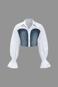 Sunniva | Cropped Blouse met Denim Korsetten en Volumineuze Mouwen