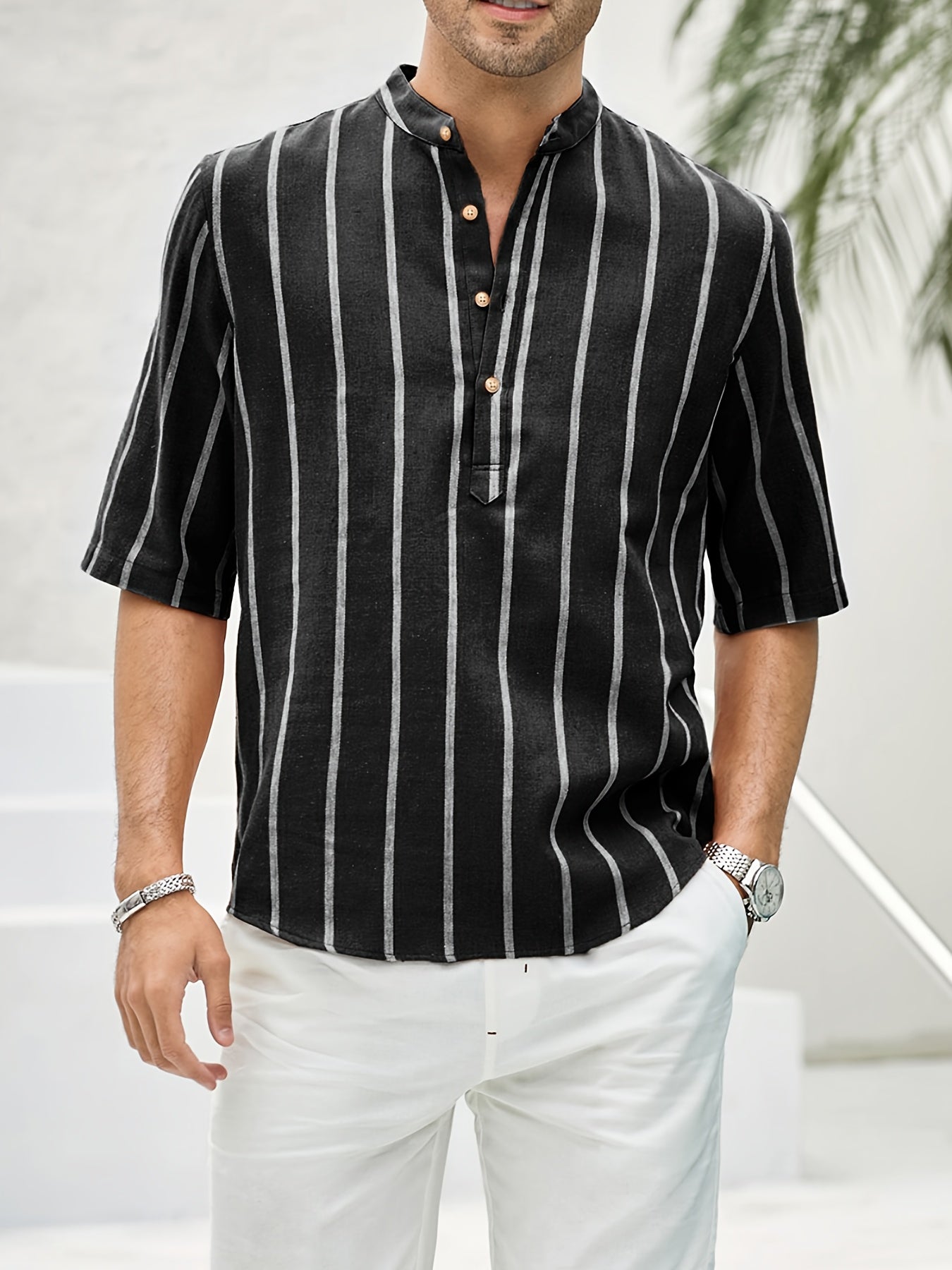 Samuel | Korte mouwen Henley zomerhemd met streepmotief