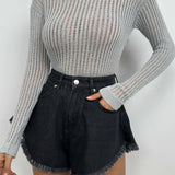 Alora | Grijze, Geribbelde Damesblouse met Transparante Structuur