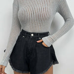 Alora | Grijze, Geribbelde Damesblouse met Transparante Structuur