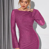 Glitter Jurk Dames – Stijlvolle Feestjurk met Open Rug en Lange Mouwen