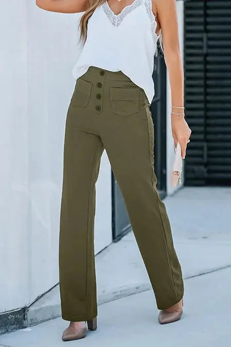 Hannah | Wijde Pijpen Hoge Taille Broek Met Voorzakken