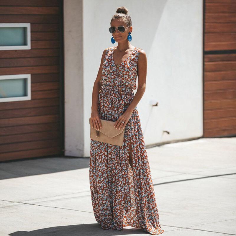 Mouwloze Maxijurk met Bloemenprint & Split – Zomerse & Elegante