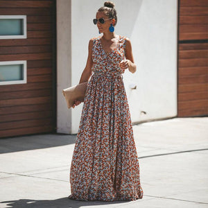 Mouwloze Maxijurk met Bloemenprint & Split – Zomerse & Elegante