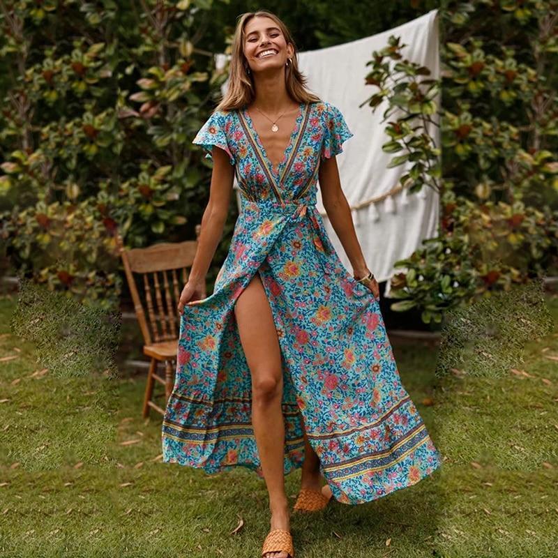 Boho Maxijurk met wikkelontwerp en hoge split