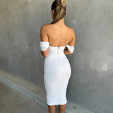 Chloë | Elegante off-shoulder witte Bodycon midi-jurk met ruches