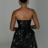 Katrina | Schouderloos Minikleed met Glitterdetails en Uitlopende Rok