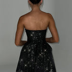 Katrina | Schouderloos Minikleed met Glitterdetails en Uitlopende Rok